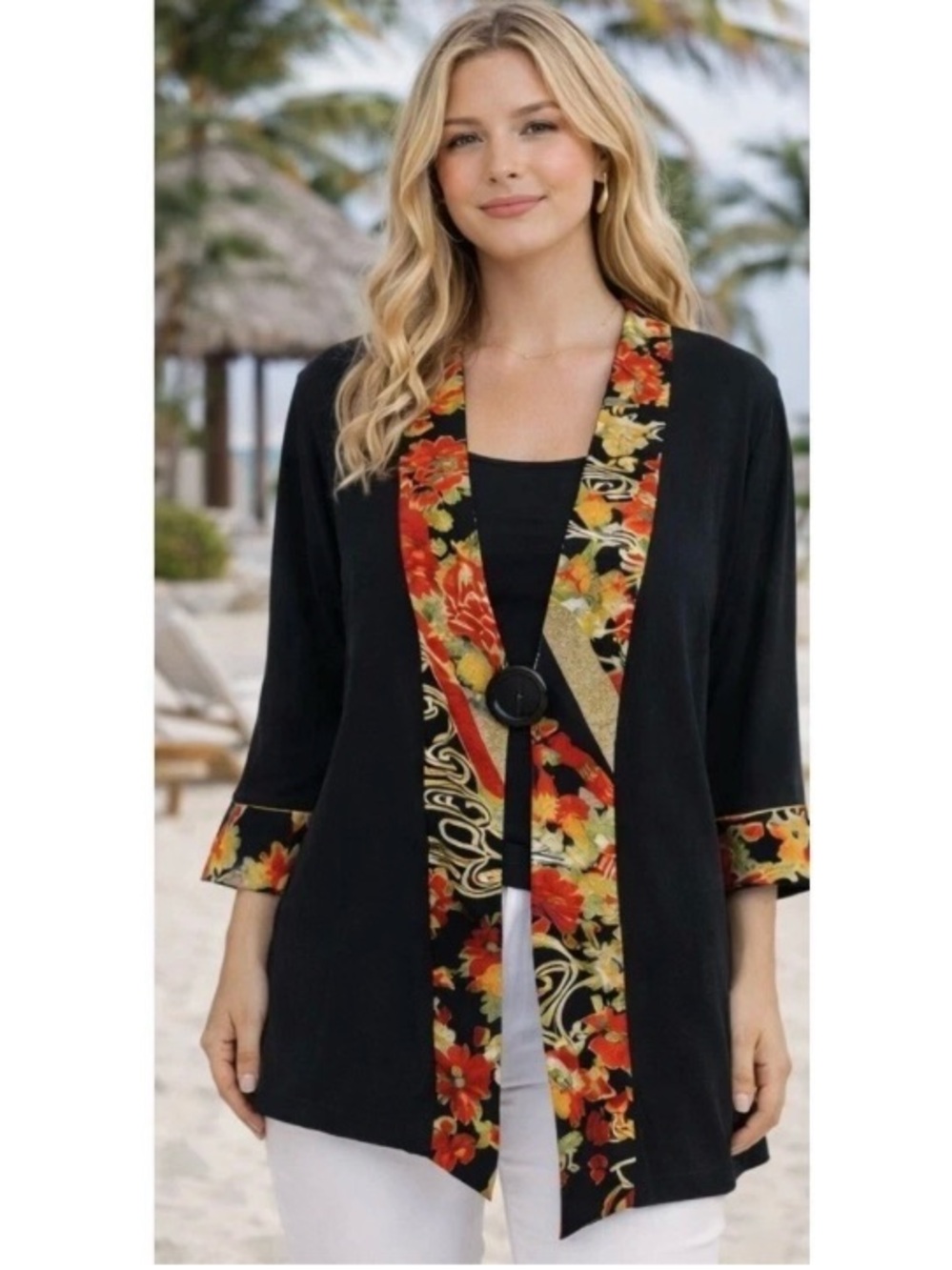 Soft Surroundings Floral Trim Kimono Crepe Tunic Jacket Boho Black XL